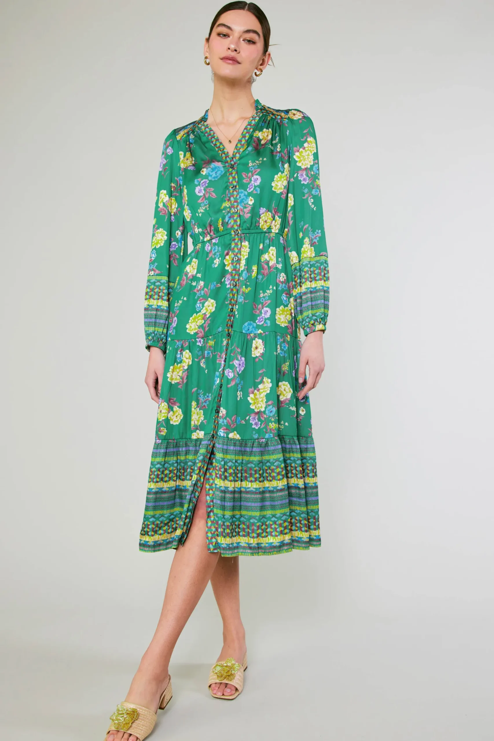 Midi Dresses-Current Air Floral Motif Buttondown Dress GREENFLORALMLT