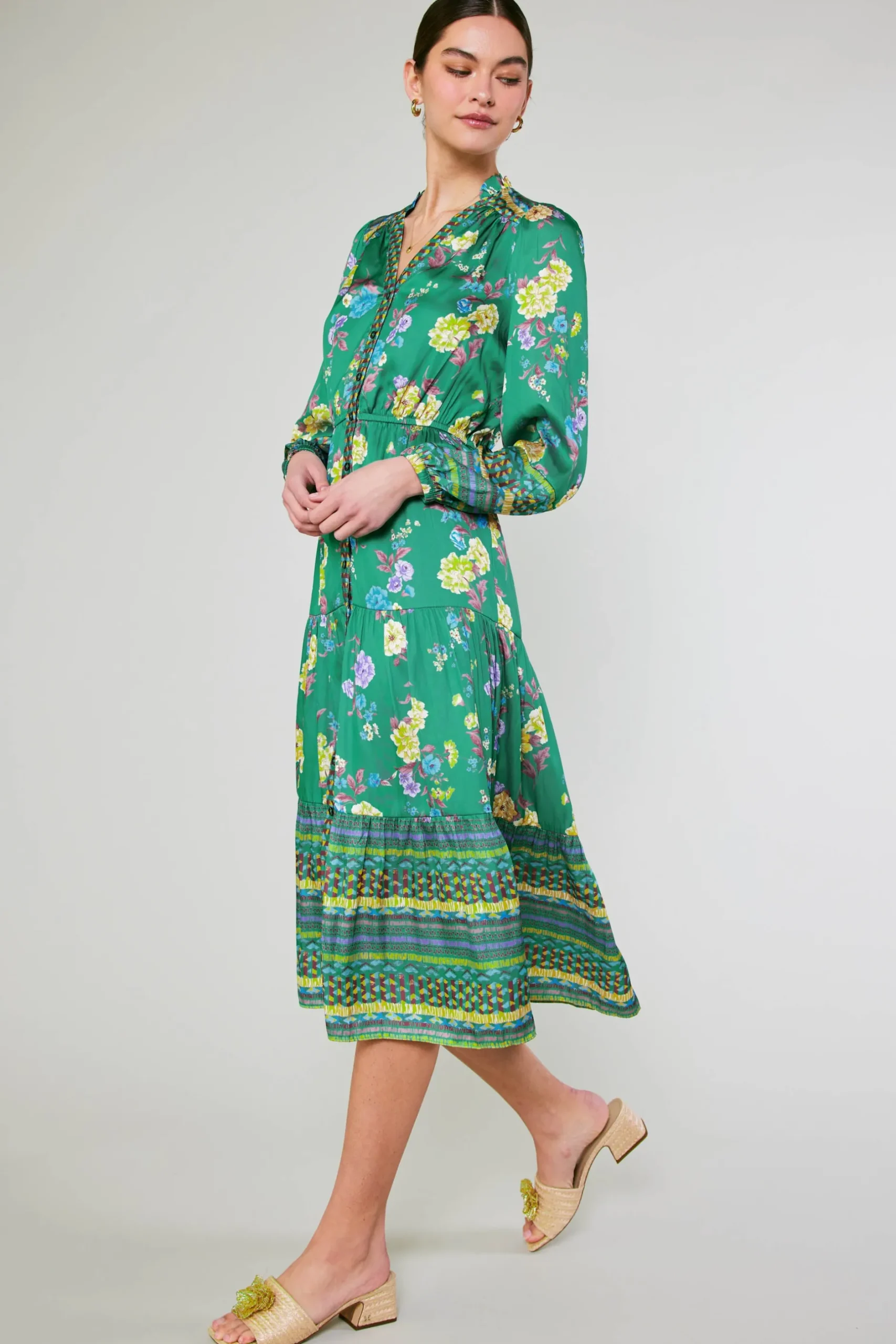 Midi Dresses-Current Air Floral Motif Buttondown Dress GREENFLORALMLT
