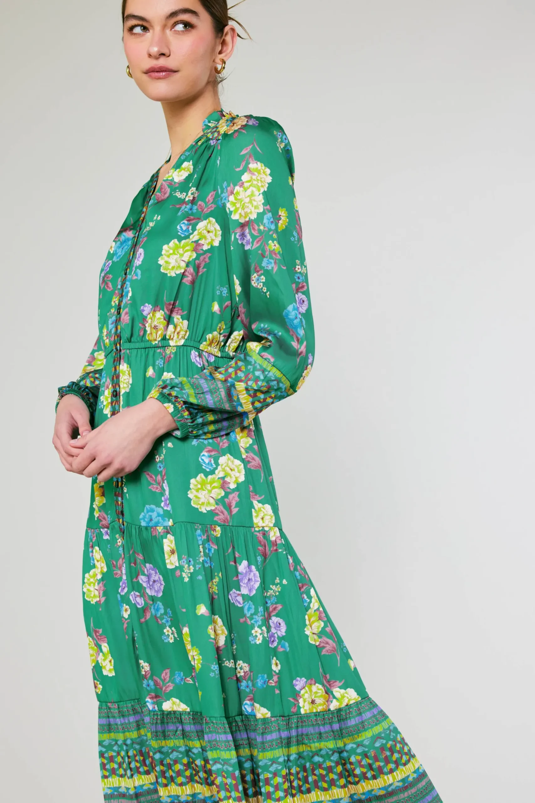 Midi Dresses-Current Air Floral Motif Buttondown Dress GREENFLORALMLT
