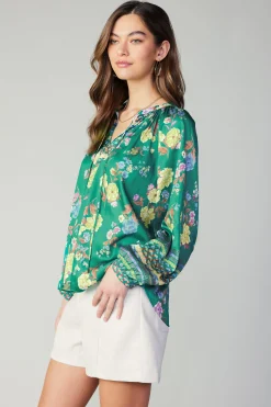 Long Sleeve Tops-Current Air Floral Motif Tieneck Blouse GREENFLORALMLT