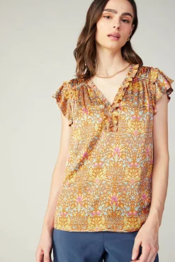 Sleeveless Tops|Short Sleeve Tops-Current Air Floral Nouveau Blouse ORANGEMLT