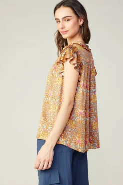 Sleeveless Tops|Short Sleeve Tops-Current Air Floral Nouveau Blouse ORANGEMLT