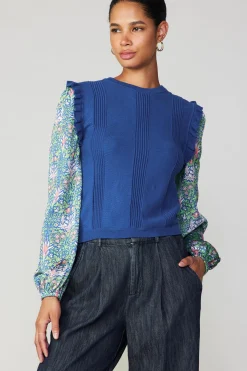 Sweaters-Current Air Floral Nouveau Contrast Top BLUE