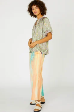 Short Sleeve Tops-Current Air Floral Nouveau Split Neck Blouse GREENPINK