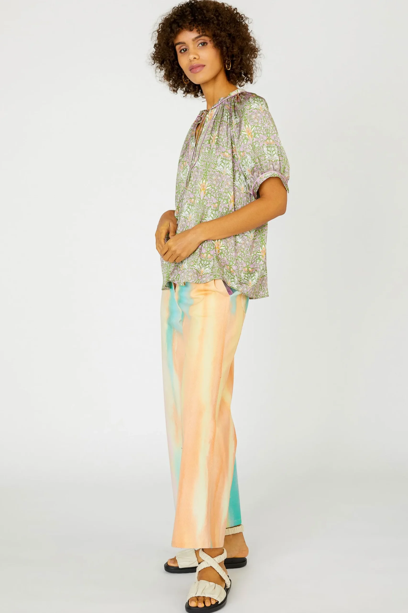 Short Sleeve Tops-Current Air Floral Nouveau Split Neck Blouse GREENPINK