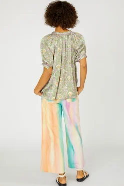 Short Sleeve Tops-Current Air Floral Nouveau Split Neck Blouse GREENPINK