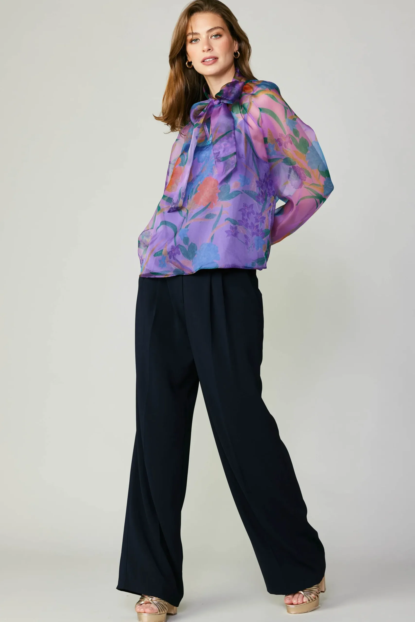 Long Sleeve Tops-Current Air Floral Organza Blouse PURPLE