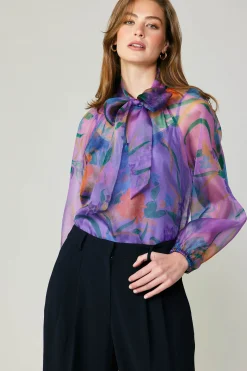 Long Sleeve Tops-Current Air Floral Organza Blouse PURPLE