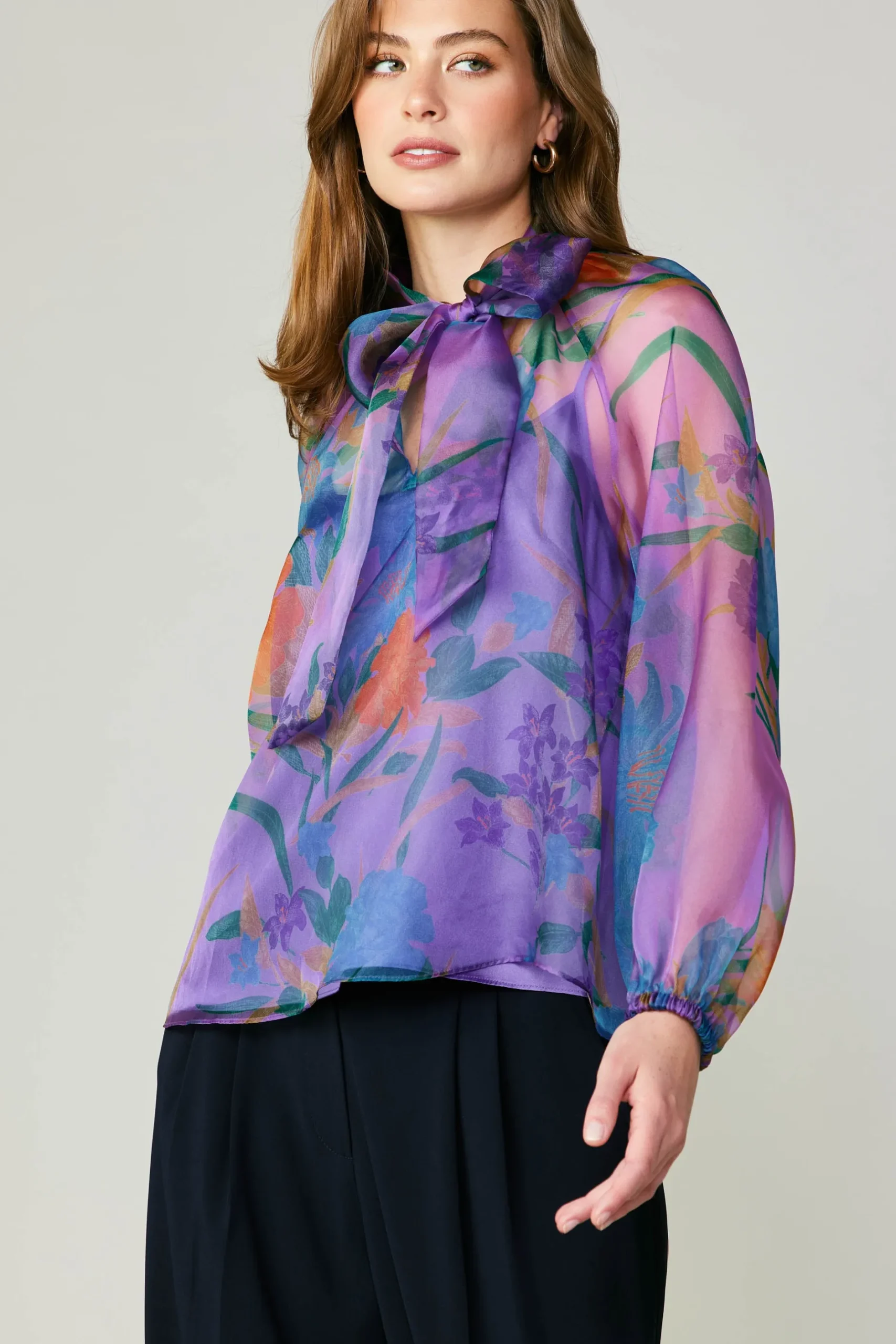 Long Sleeve Tops-Current Air Floral Organza Blouse PURPLE