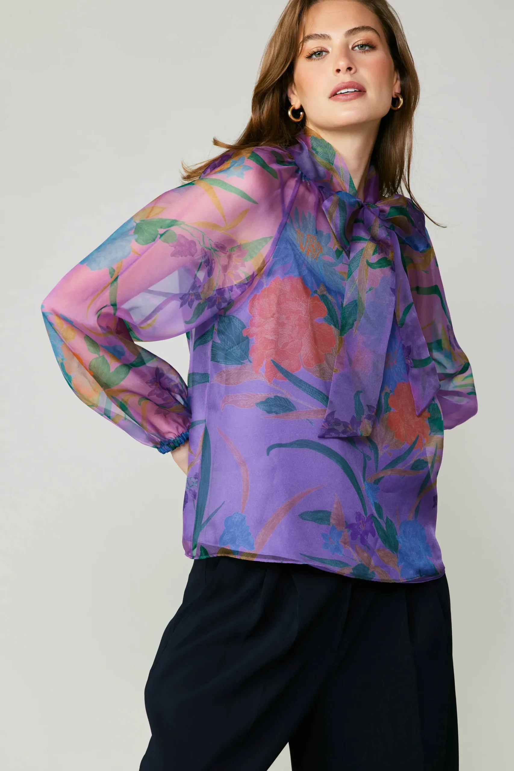 Long Sleeve Tops-Current Air Floral Organza Blouse PURPLE