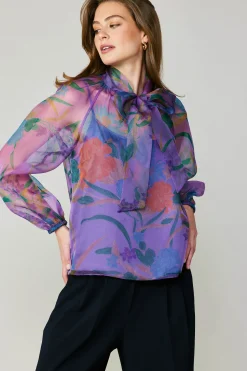 Long Sleeve Tops-Current Air Floral Organza Blouse PURPLE