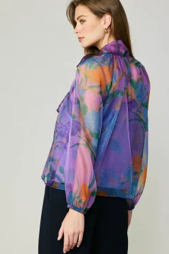 Long Sleeve Tops-Current Air Floral Organza Blouse PURPLE