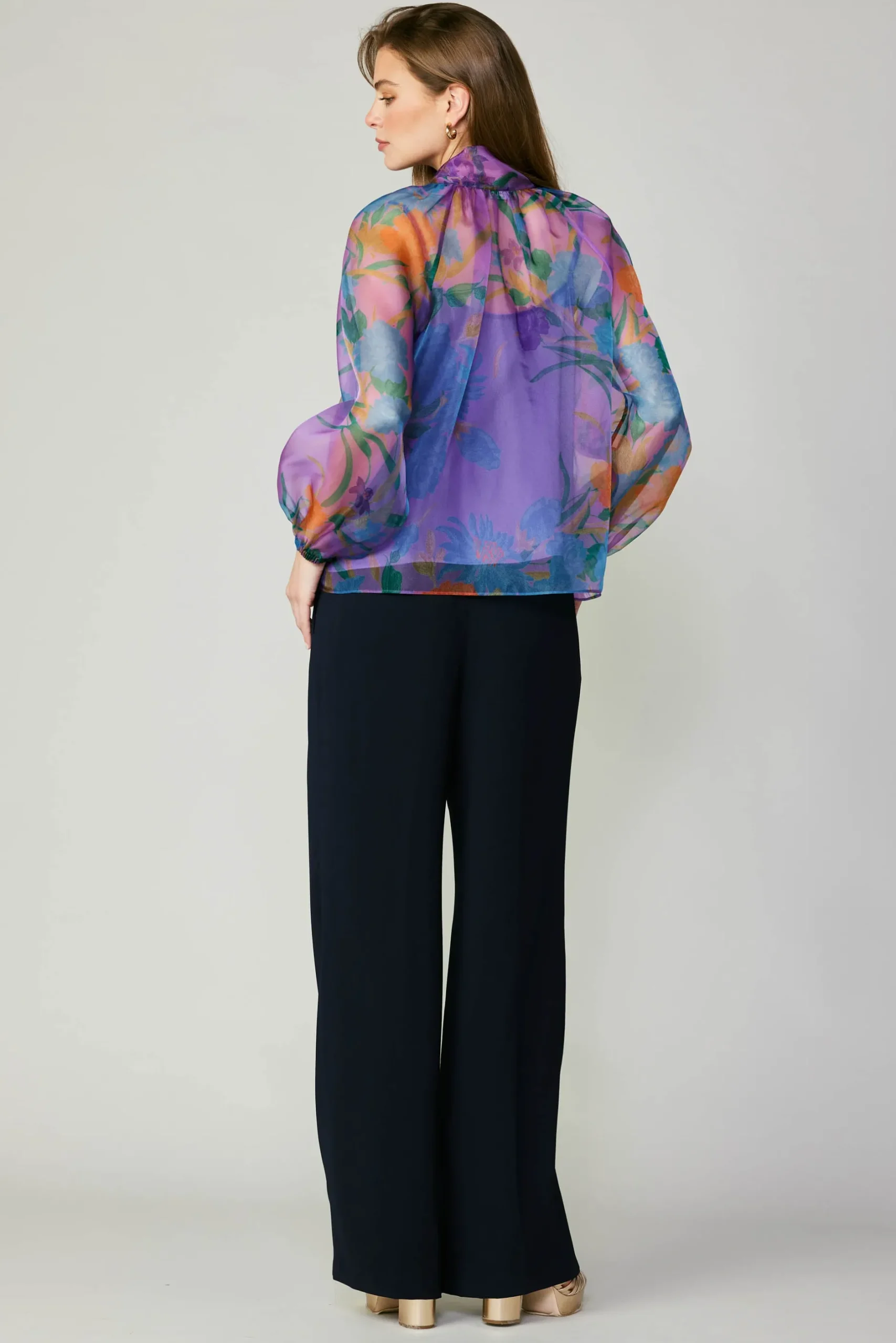 Long Sleeve Tops-Current Air Floral Organza Blouse PURPLE