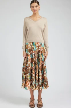 Skirts-Current Air Floral Pleated Midi Skirt BROWNMLT