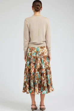 Skirts-Current Air Floral Pleated Midi Skirt BROWNMLT