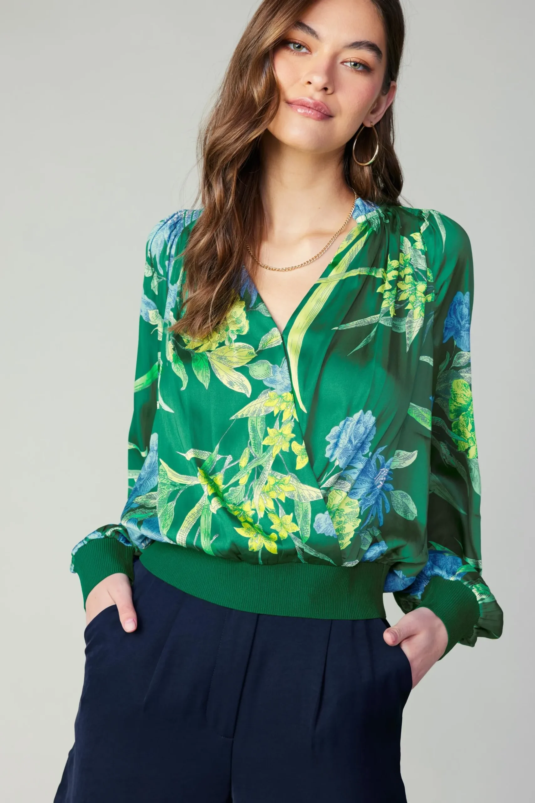 Long Sleeve Tops-Current Air Floral Print Surplice Blouse GREENFLORAL