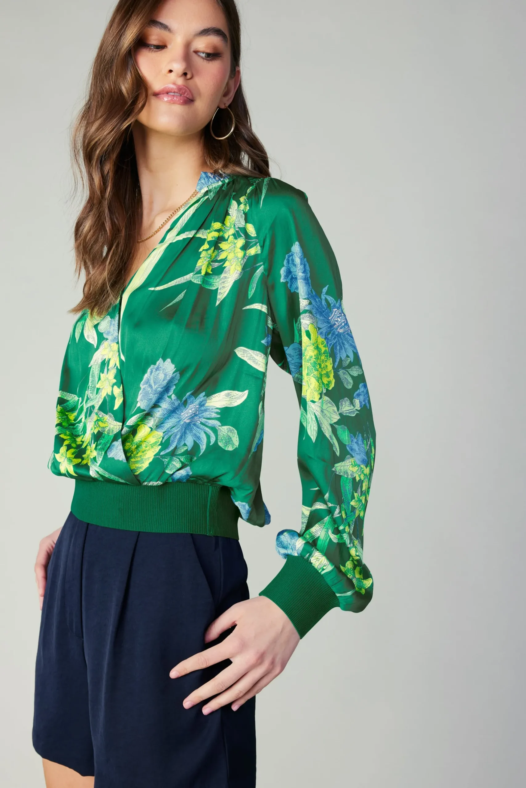 Long Sleeve Tops-Current Air Floral Print Surplice Blouse GREENFLORAL