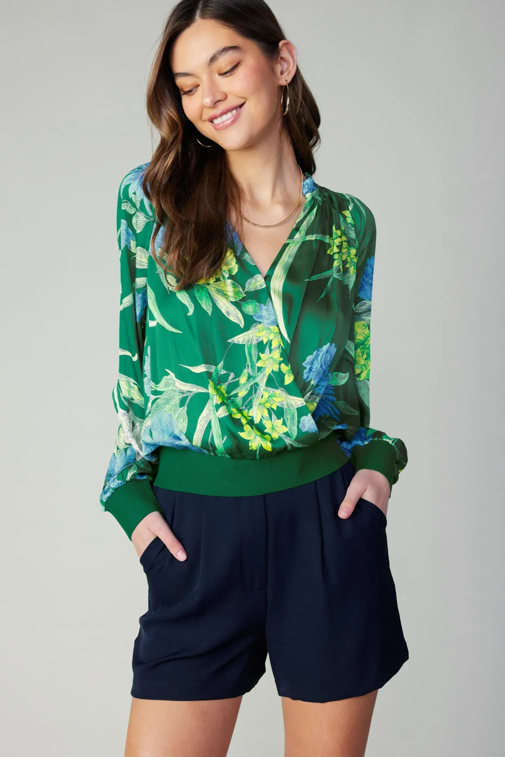 Long Sleeve Tops-Current Air Floral Print Surplice Blouse GREENFLORAL