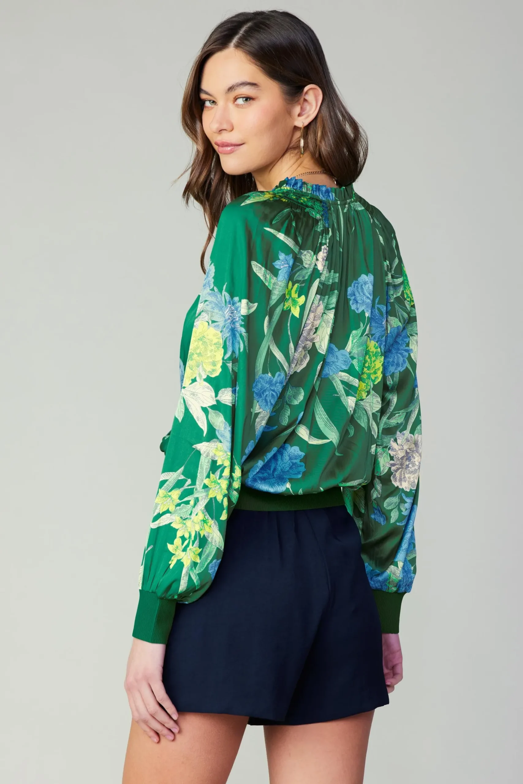 Long Sleeve Tops-Current Air Floral Print Surplice Blouse GREENFLORAL