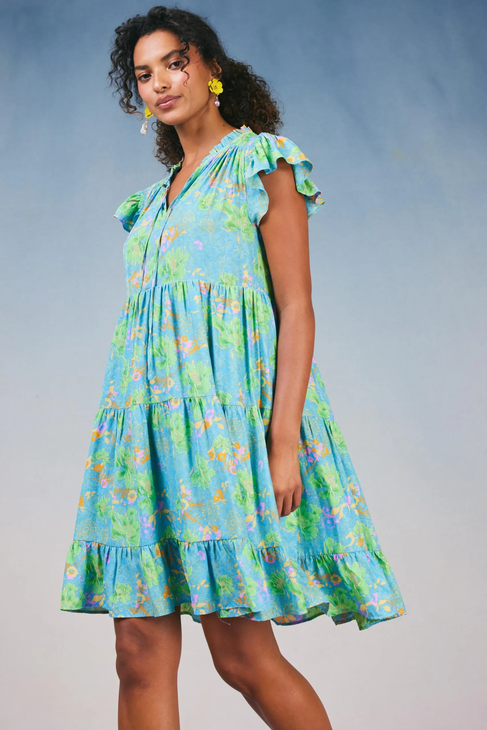 Mini Dresses-Current Air Floral Print Tiered Mini Dress BLUEMLT