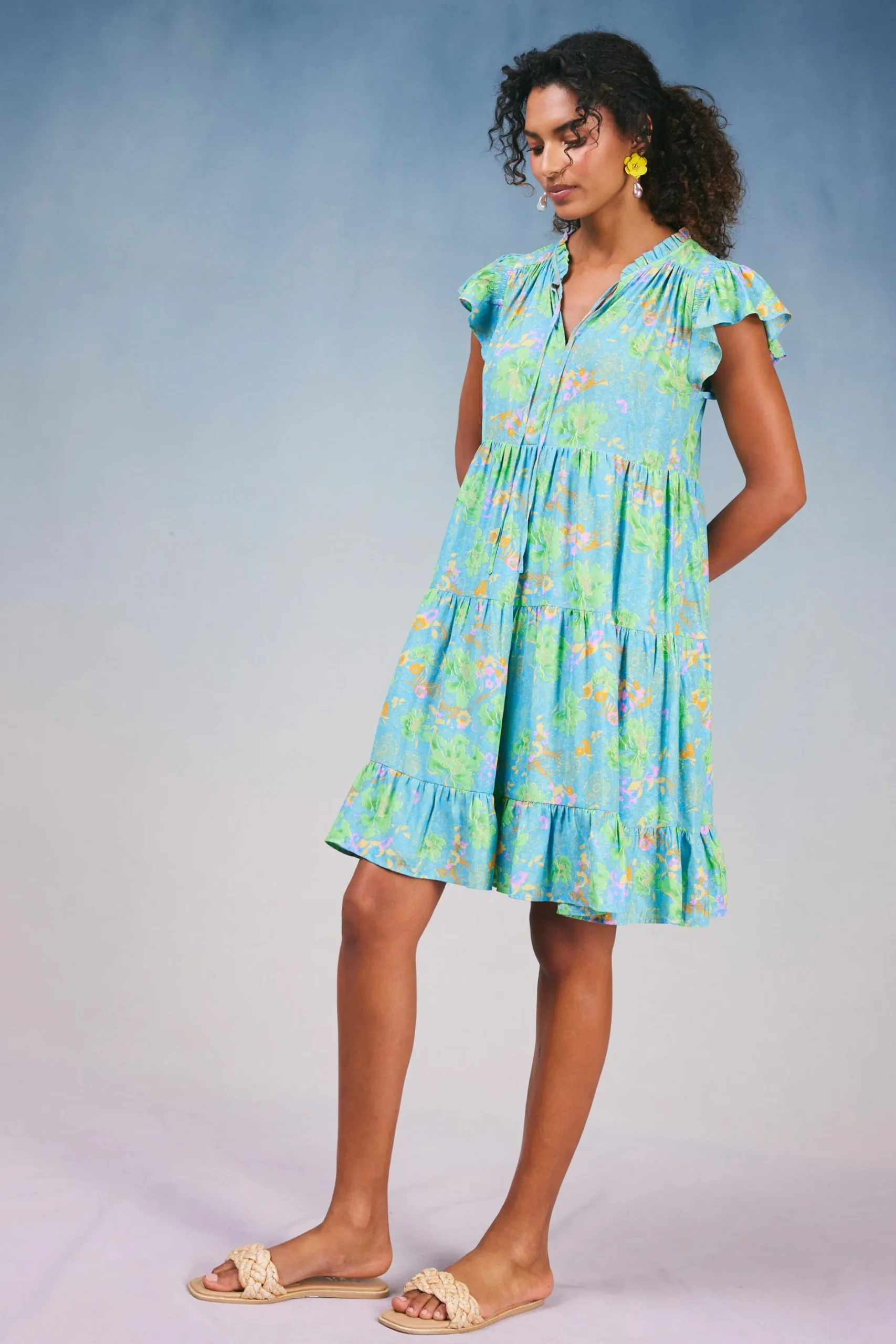 Mini Dresses-Current Air Floral Print Tiered Mini Dress BLUEMLT
