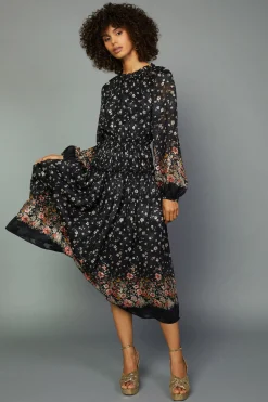 Midi Dresses-Current Air Floral Smocked Midi Dress BLACKFLORAL