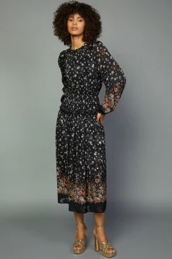 Midi Dresses-Current Air Floral Smocked Midi Dress BLACKFLORAL