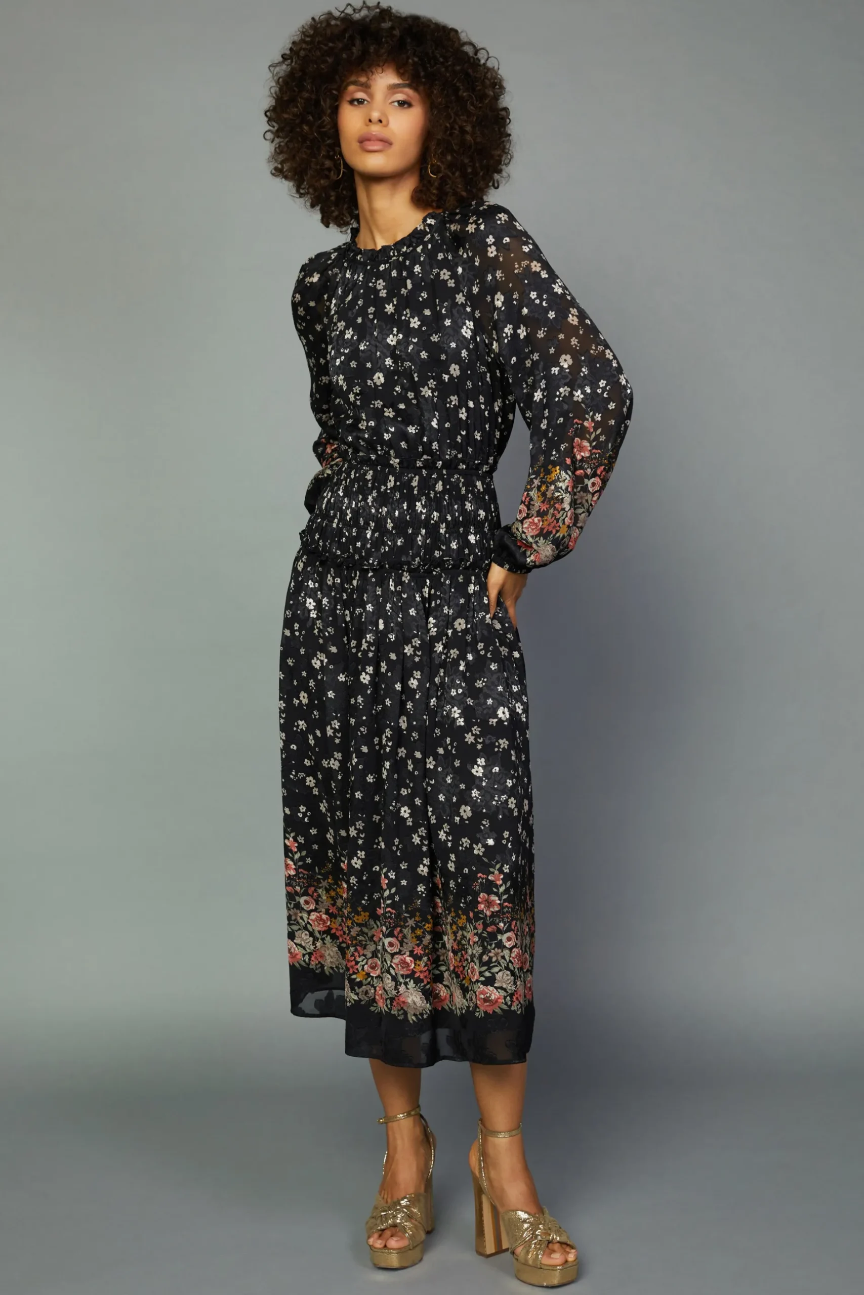Midi Dresses-Current Air Floral Smocked Midi Dress BLACKFLORAL