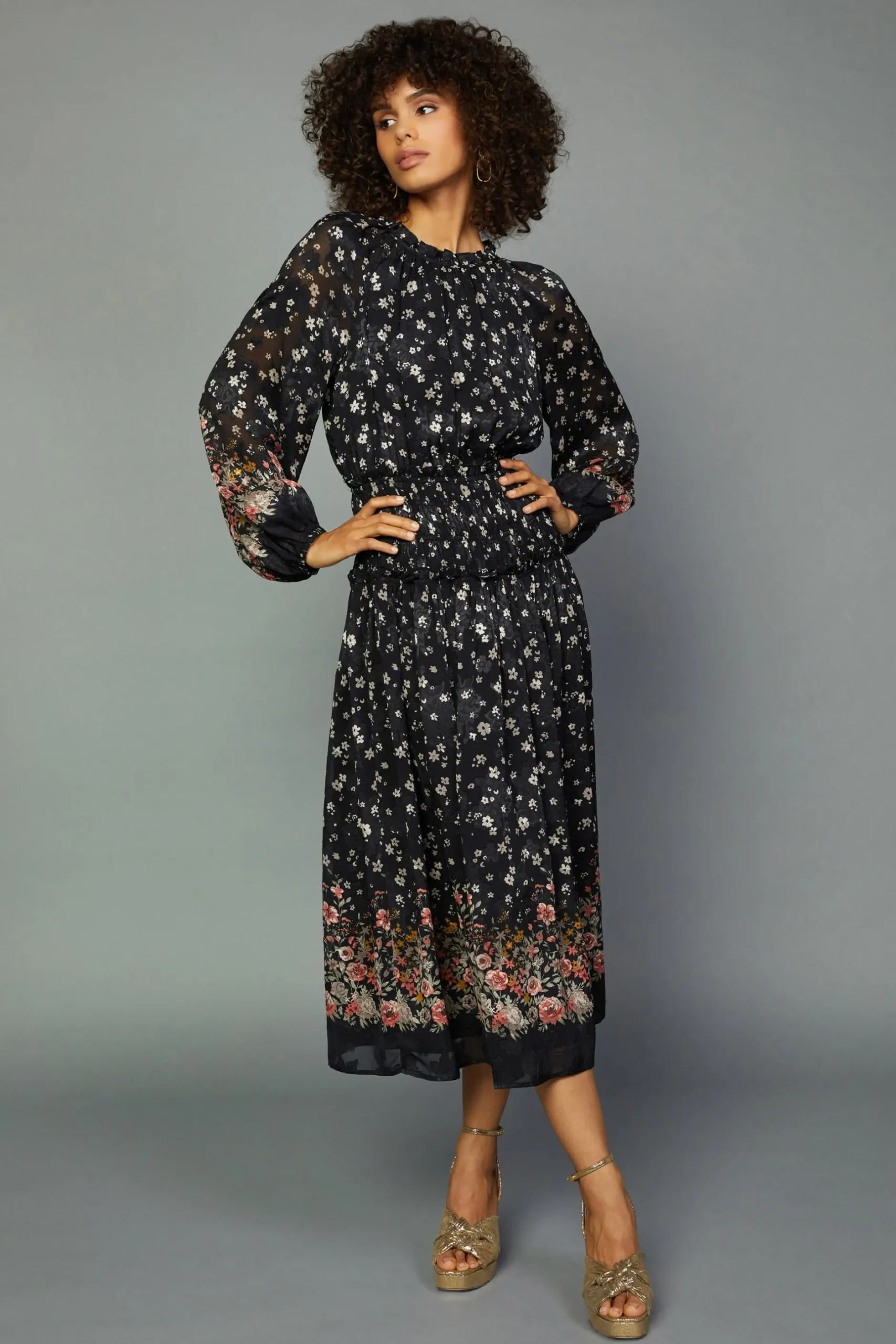 Midi Dresses-Current Air Floral Smocked Midi Dress BLACKFLORAL