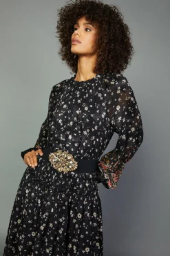 Midi Dresses-Current Air Floral Smocked Midi Dress BLACKFLORAL