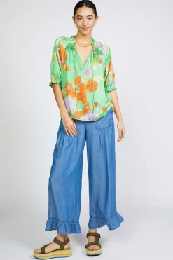 Short Sleeve Tops-Current Air Floral Split Neck Blouse FLORALGREEN