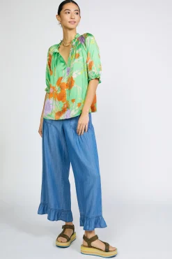 Short Sleeve Tops-Current Air Floral Split Neck Blouse FLORALGREEN