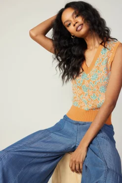 Knitwear|Sleeveless Tops-Current Air Floral Sweater Vest ORANGEMLT