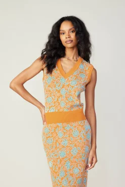 Knitwear|Sleeveless Tops-Current Air Floral Sweater Vest ORANGEMLT