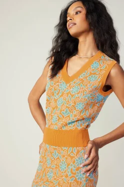 Knitwear|Sleeveless Tops-Current Air Floral Sweater Vest ORANGEMLT