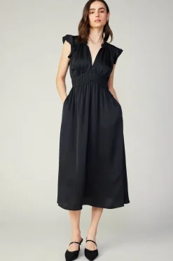 Midi Dresses-Current Air Florence Ruffled Midi Dress BLACK