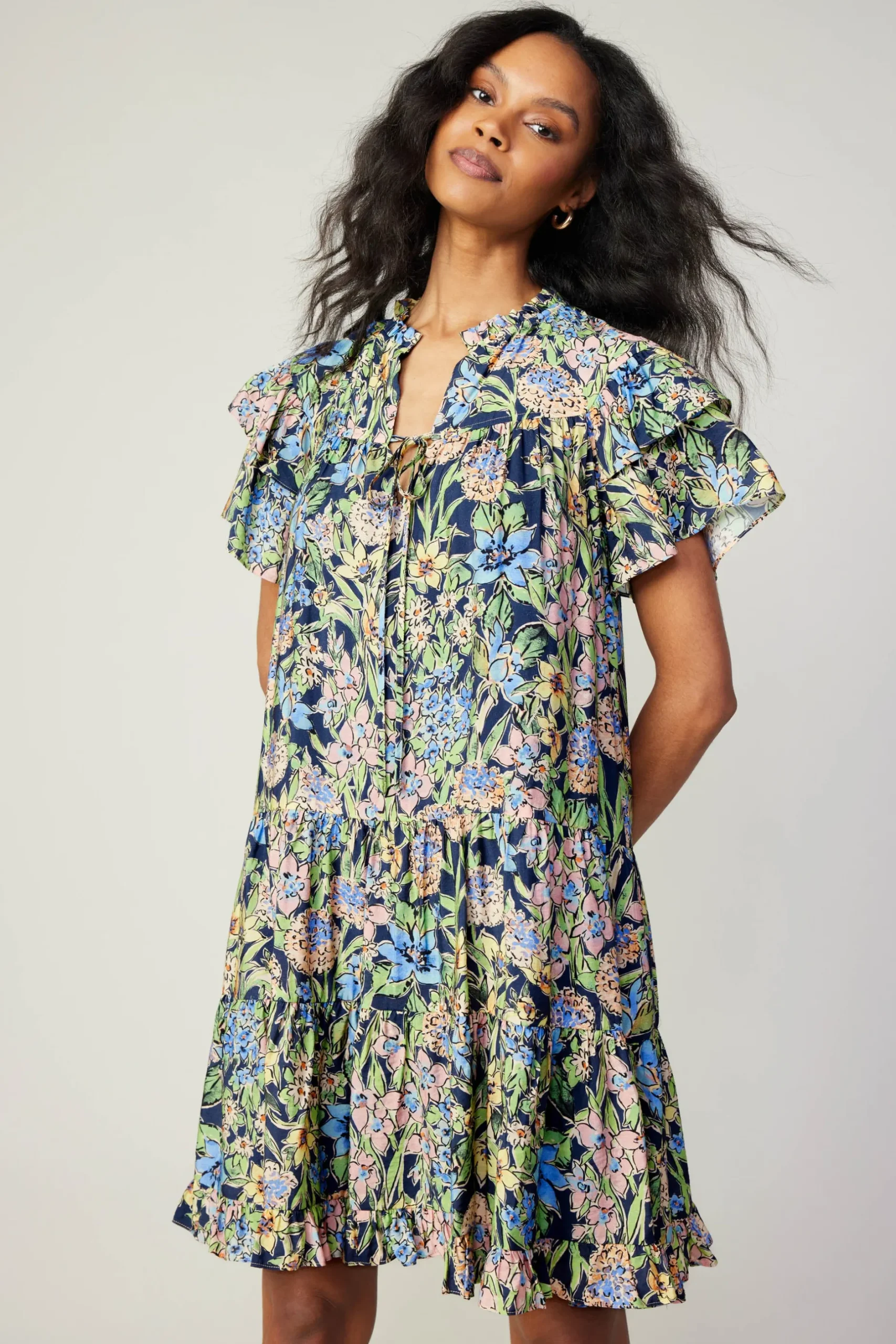 Mini Dresses-Current Air Flutter Sleeve Floral Print Dress FLORALMLT