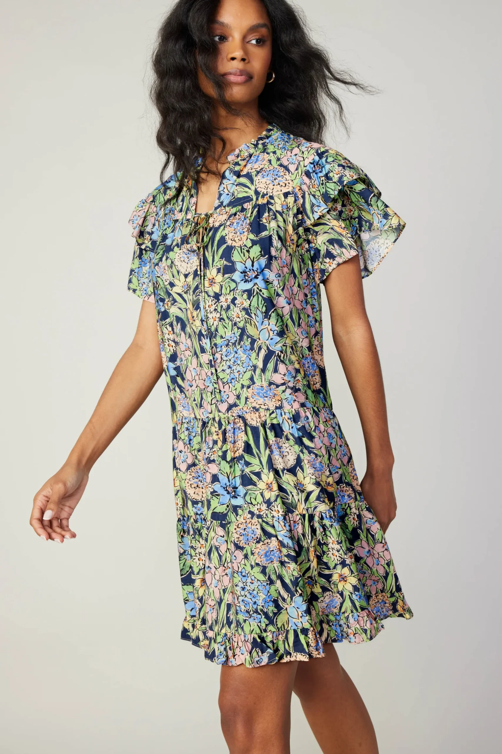 Mini Dresses-Current Air Flutter Sleeve Floral Print Dress FLORALMLT