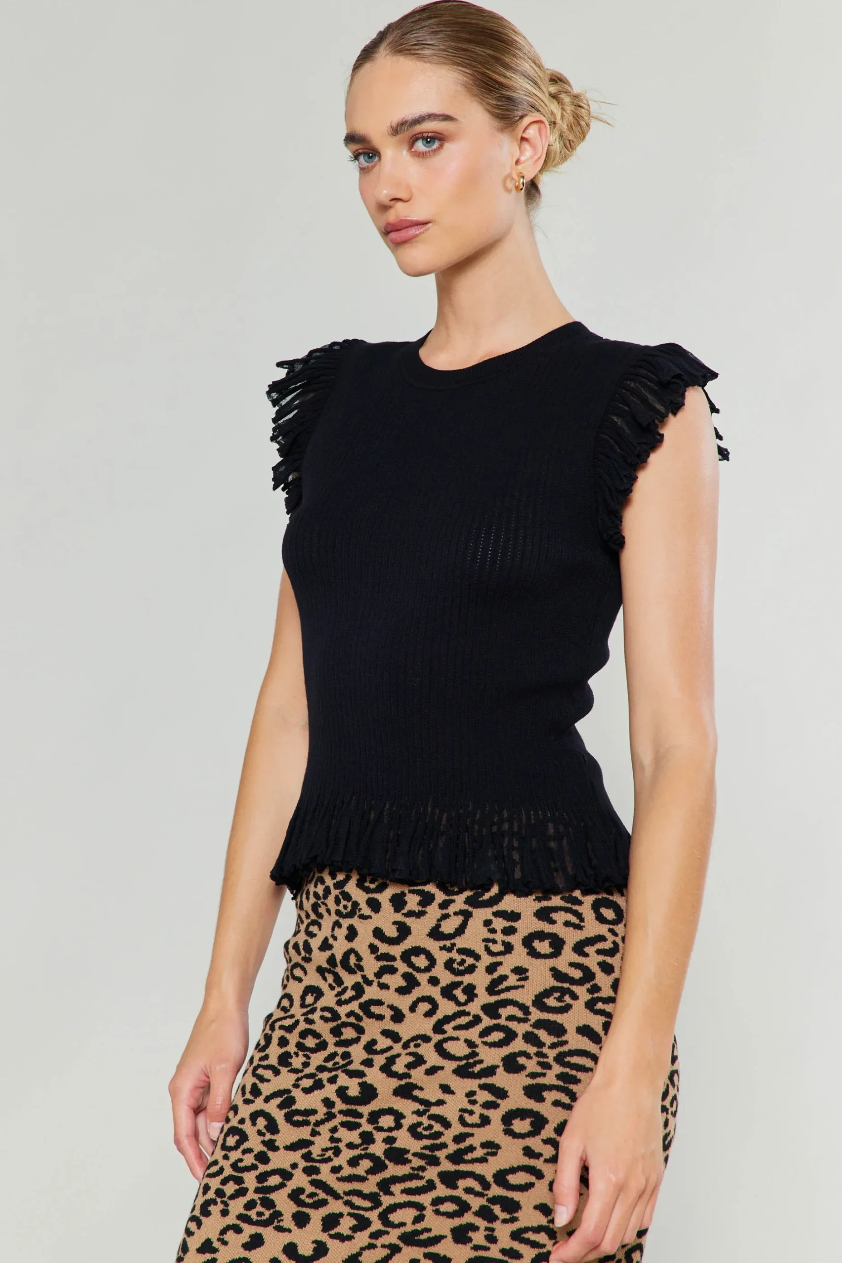 Knitwear|Sweaters-Current Air Flutter Sleeve Sweater Top BLACK