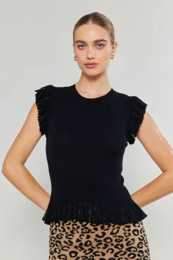 Knitwear|Sweaters-Current Air Flutter Sleeve Sweater Top BLACK