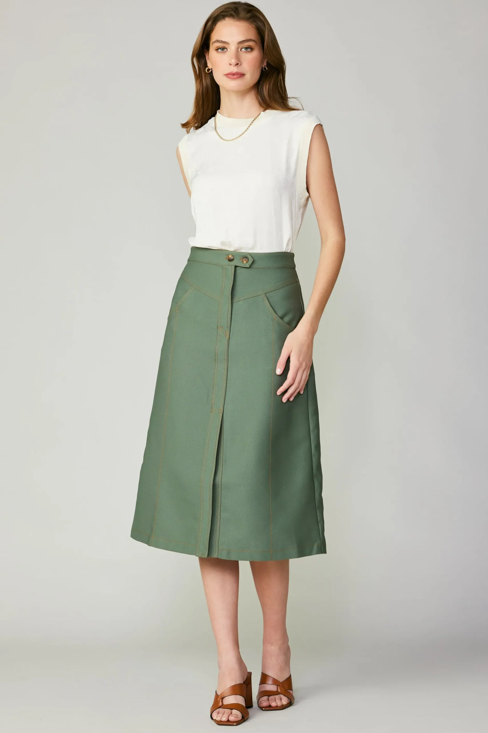 Skirts-Current Air Front Slit Midi Skirt SAGE