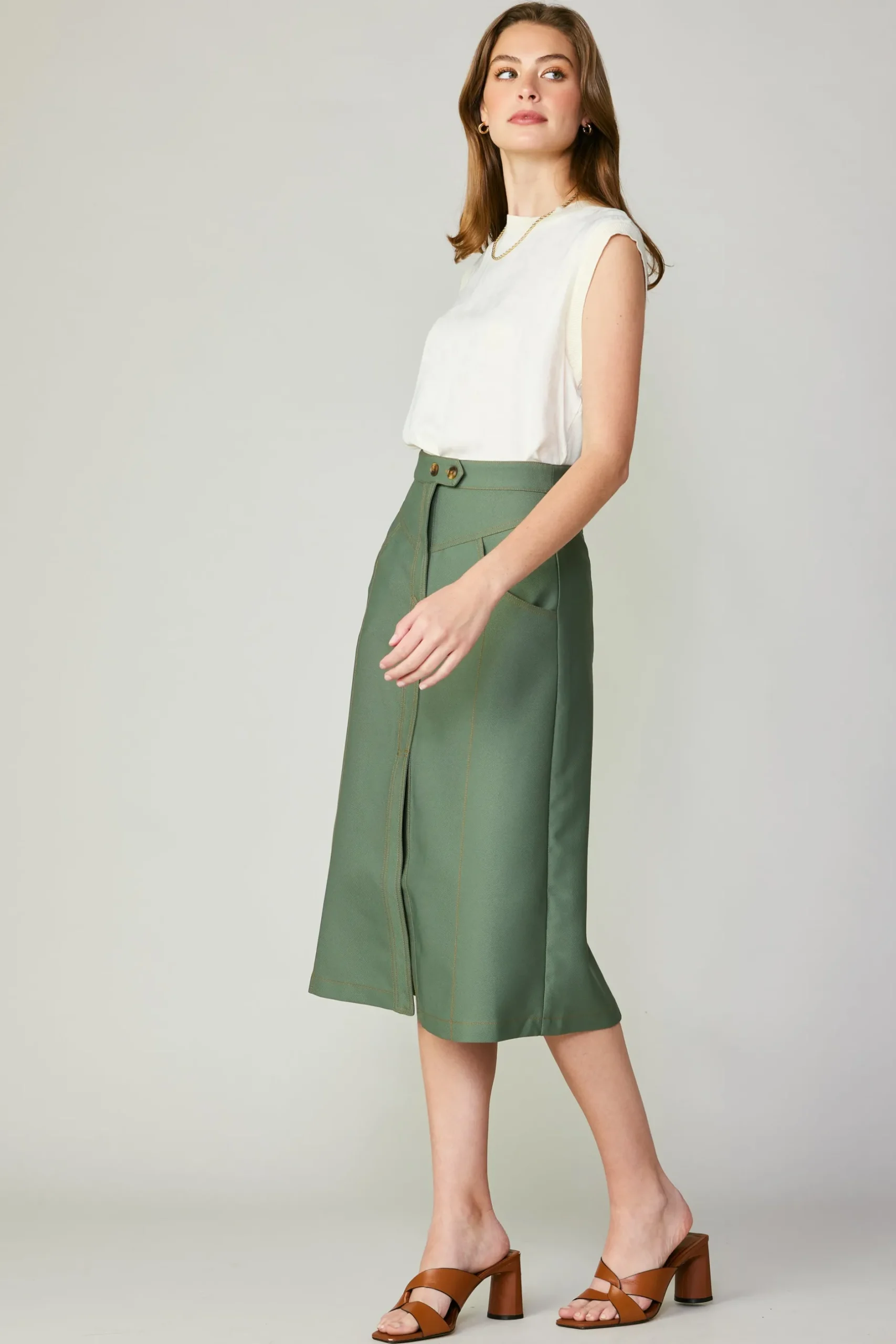 Skirts-Current Air Front Slit Midi Skirt SAGE