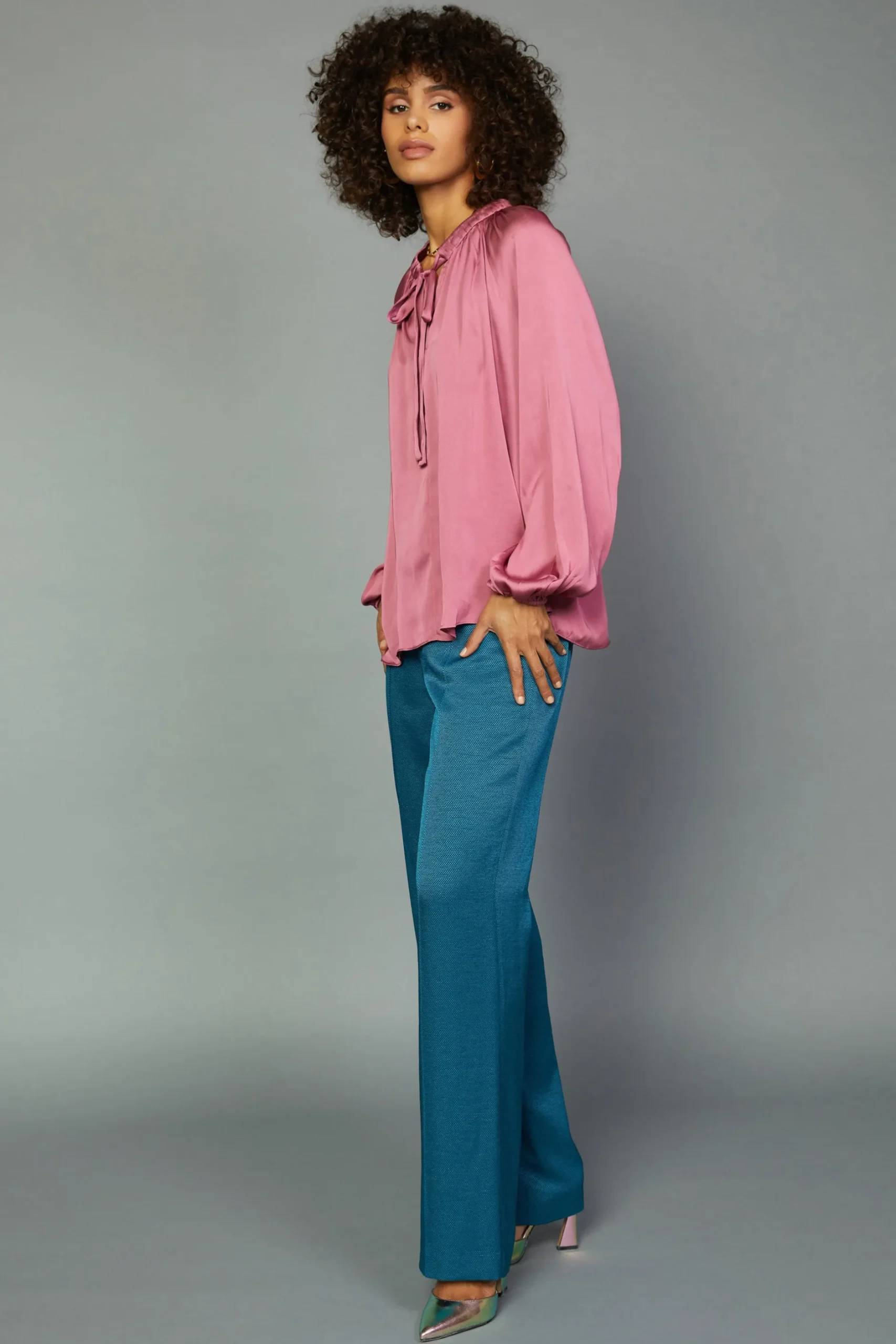 Long Sleeve Tops-Current Air Gathered Bow Tie Blouse MULBERRY