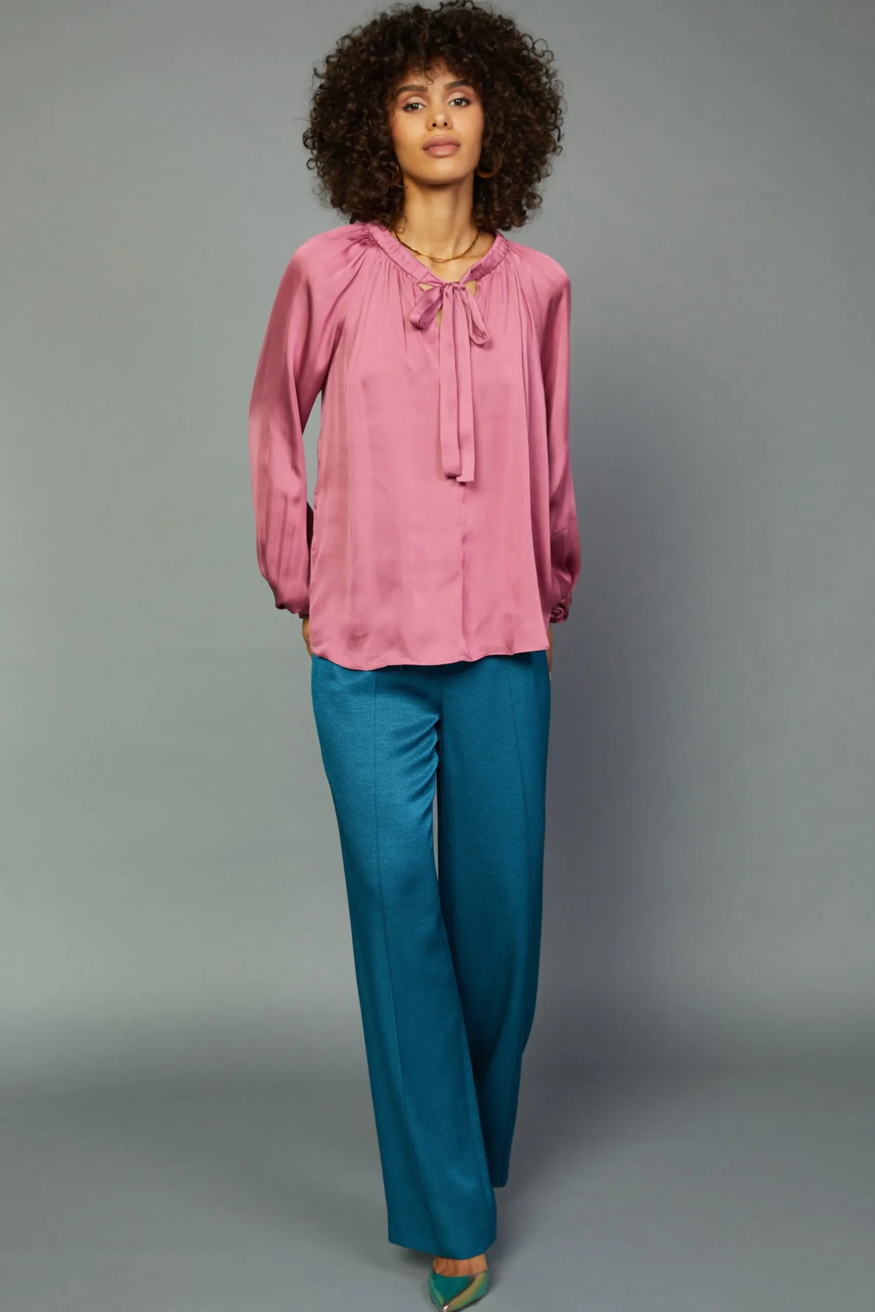 Long Sleeve Tops-Current Air Gathered Bow Tie Blouse MULBERRY