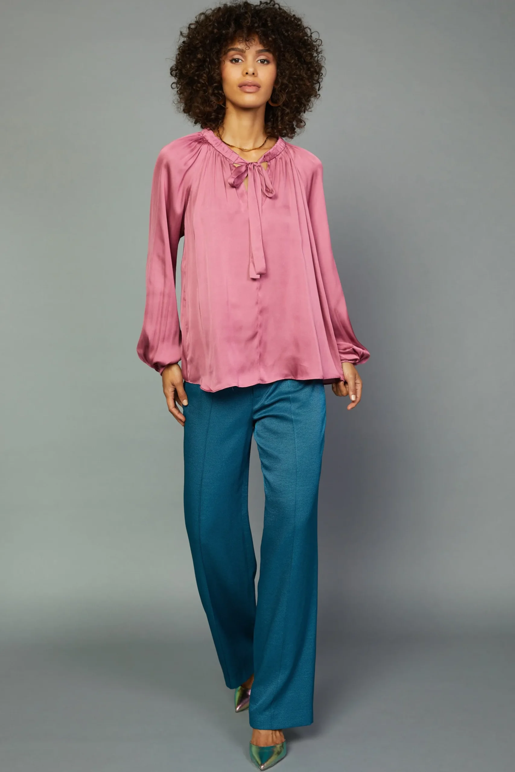 Long Sleeve Tops-Current Air Gathered Bow Tie Blouse MULBERRY