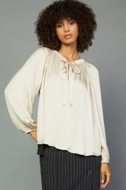 Long Sleeve Tops-Current Air Gathered Bow Tie Blouse CREAM