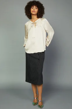 Long Sleeve Tops-Current Air Gathered Bow Tie Blouse CREAM