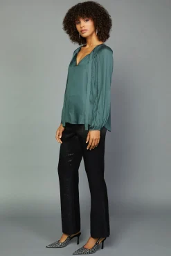 Long Sleeve Tops-Current Air Gathered Bow Tie Blouse FORESTGREEN