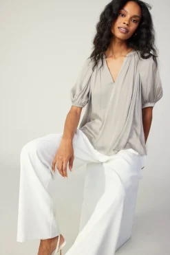 Short Sleeve Tops-Current Air Gathered Neckline Blouse STONEGREY