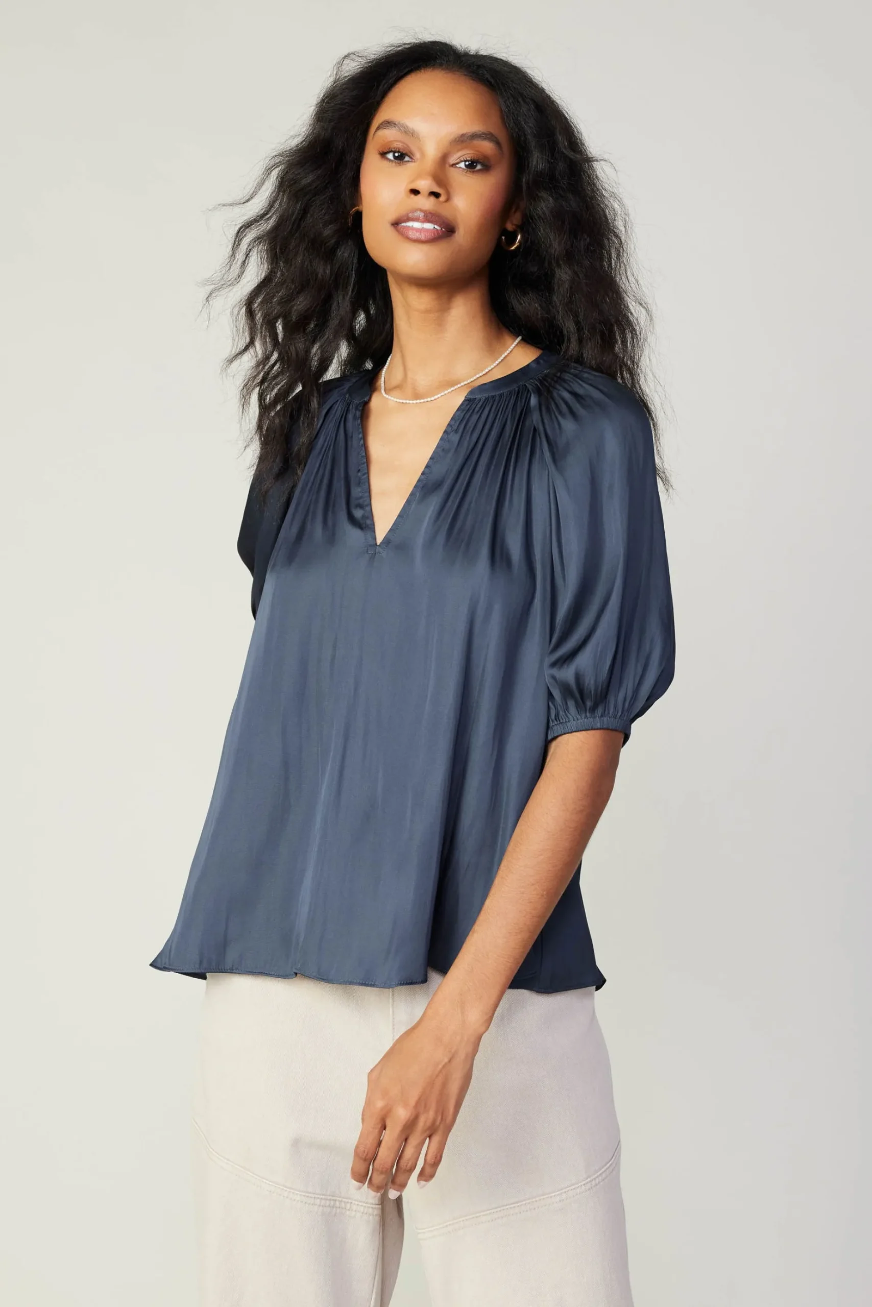 Short Sleeve Tops-Current Air Gathered Neckline Blouse SLATENAVY